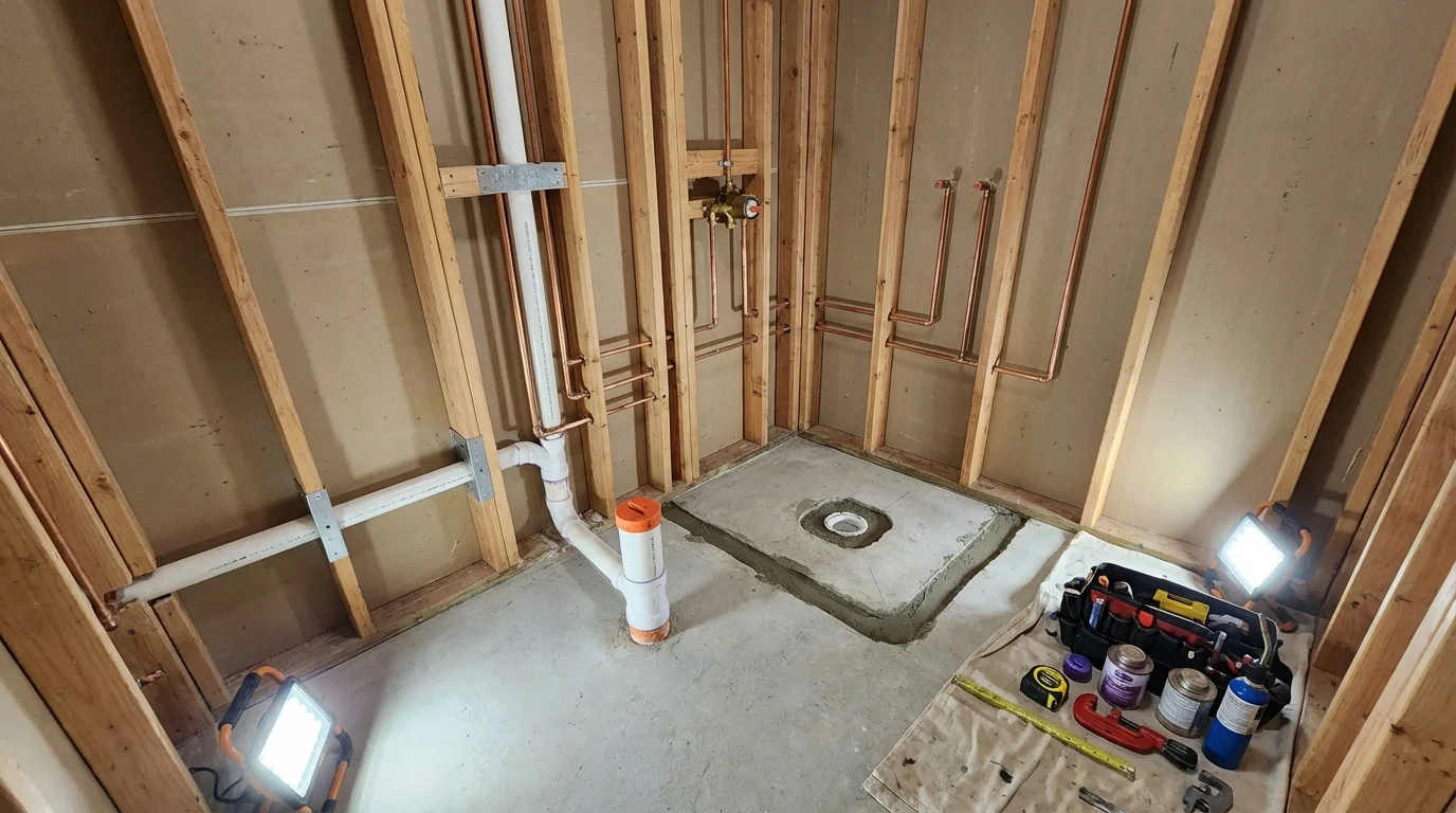 Bathroom rough-in plumbing during remodel by Johns Plumbing LLC in Winter Springs