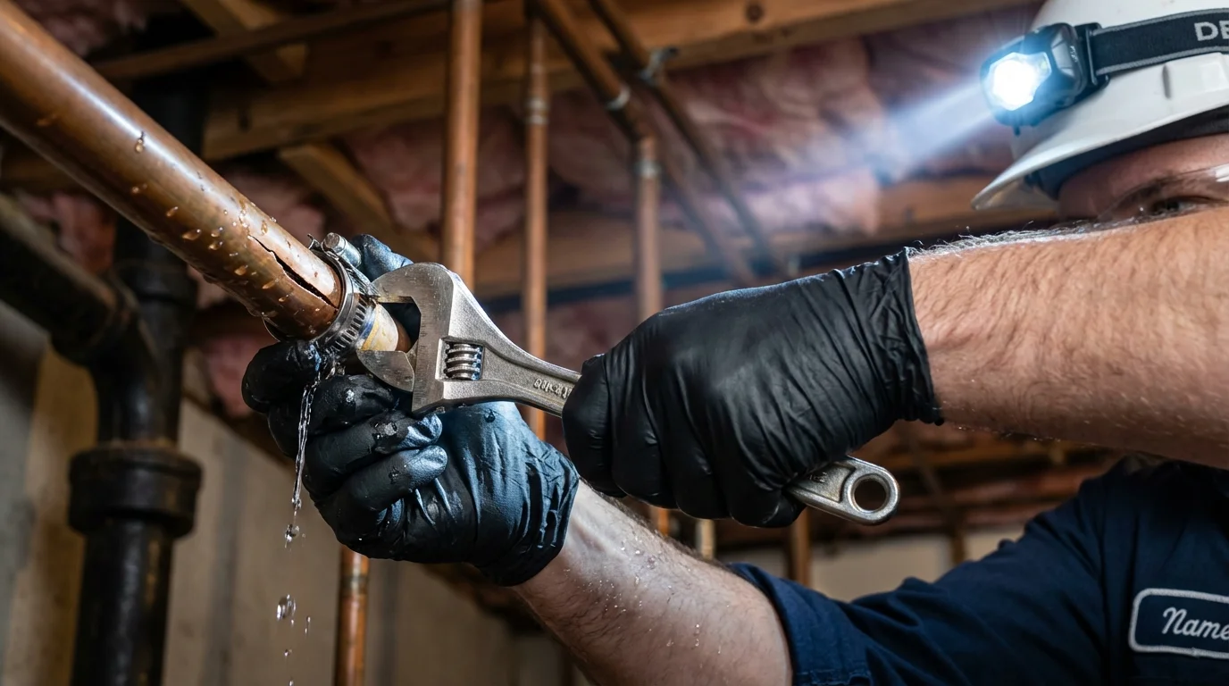 Emergency pipe clamp repair being performed by a Johns Plumbing LLC plumber in Winter Springs