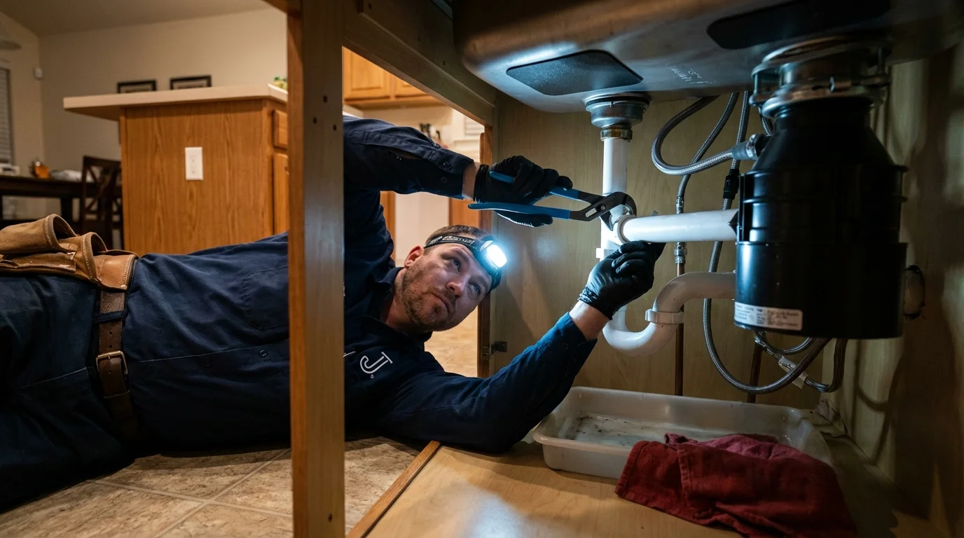 P-trap and supply line connections under a kitchen sink showing a common leak point in Winter Springs, FL
